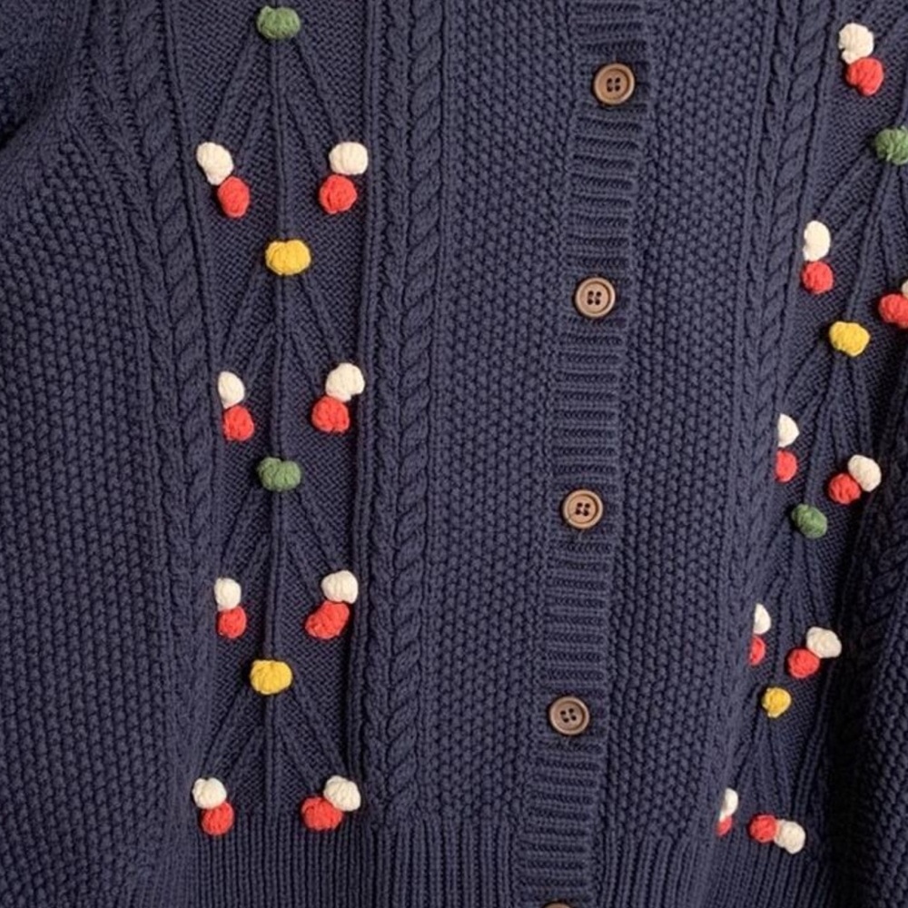 The GREAT The Frond Pom Pom Embellished Knit Cardigan Sweater Midnight Blue 2/M - Picture 11 of 12